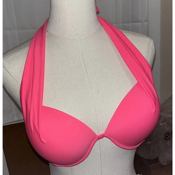Jolefille Push-Up Underwired Bikini Top Molded Cups Triangle Halter Ties Pink M - Picture 2 of 10